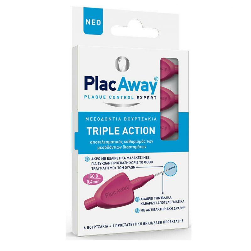 PlacAway Triple Action Μεσοδόντια Βουρτσάκια 0.4mm ISO 0 Ροζ 6τεμ