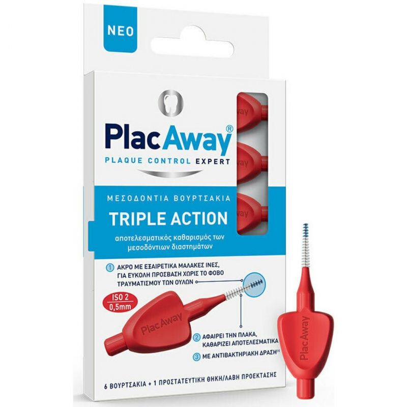 PlacAway Triple Action Μεσοδόντια Βουρτσάκια 0.5mm σε χρώμα Κόκκινο 6τμχ