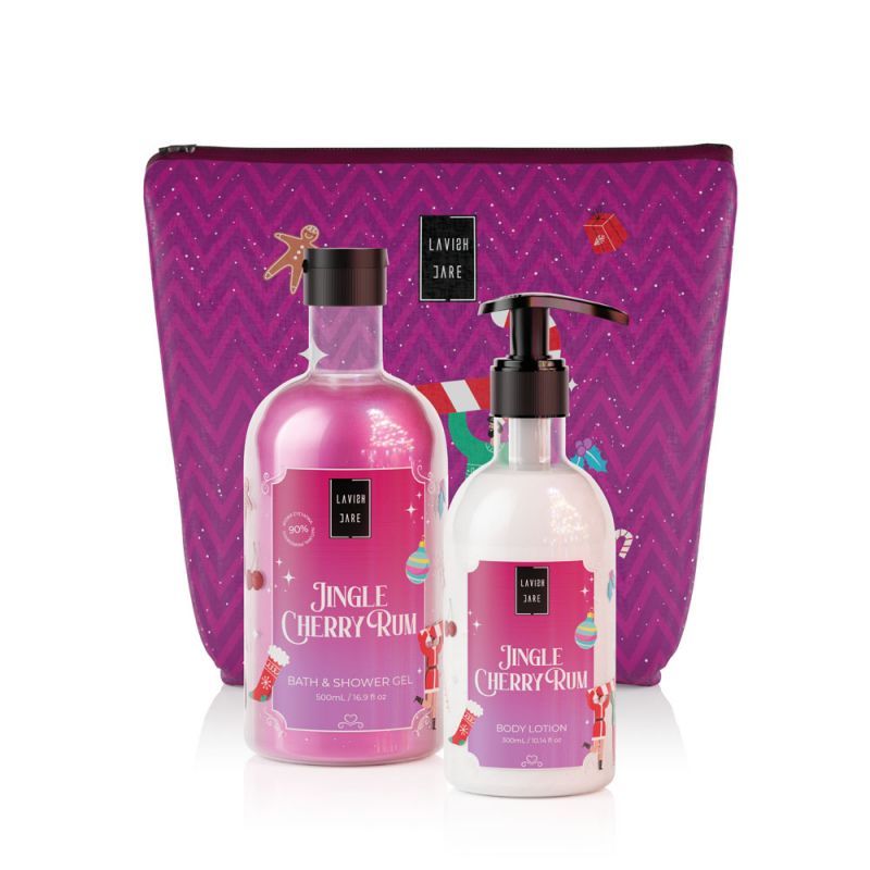 Lavish Care Jingle Cherry Rum Bag Set Bath & Shower Gel 500mL + Glitter Body Lotion 300mL