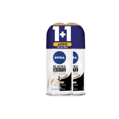 Nivea Deo Black & White Silky Smooth Roll-on 1+1 Δώρο Αποσμητικό για 48Ωρη Προστασία & Φροντίδα, 2x50ml