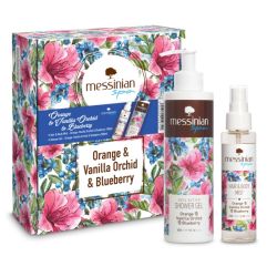 Messinian Spa Συλλεκτικό Beauty Box Orange & Vanilla Orchid & Blueberry -Hair & Body Mist 100ml + Αφρόλουτρο 300ml
